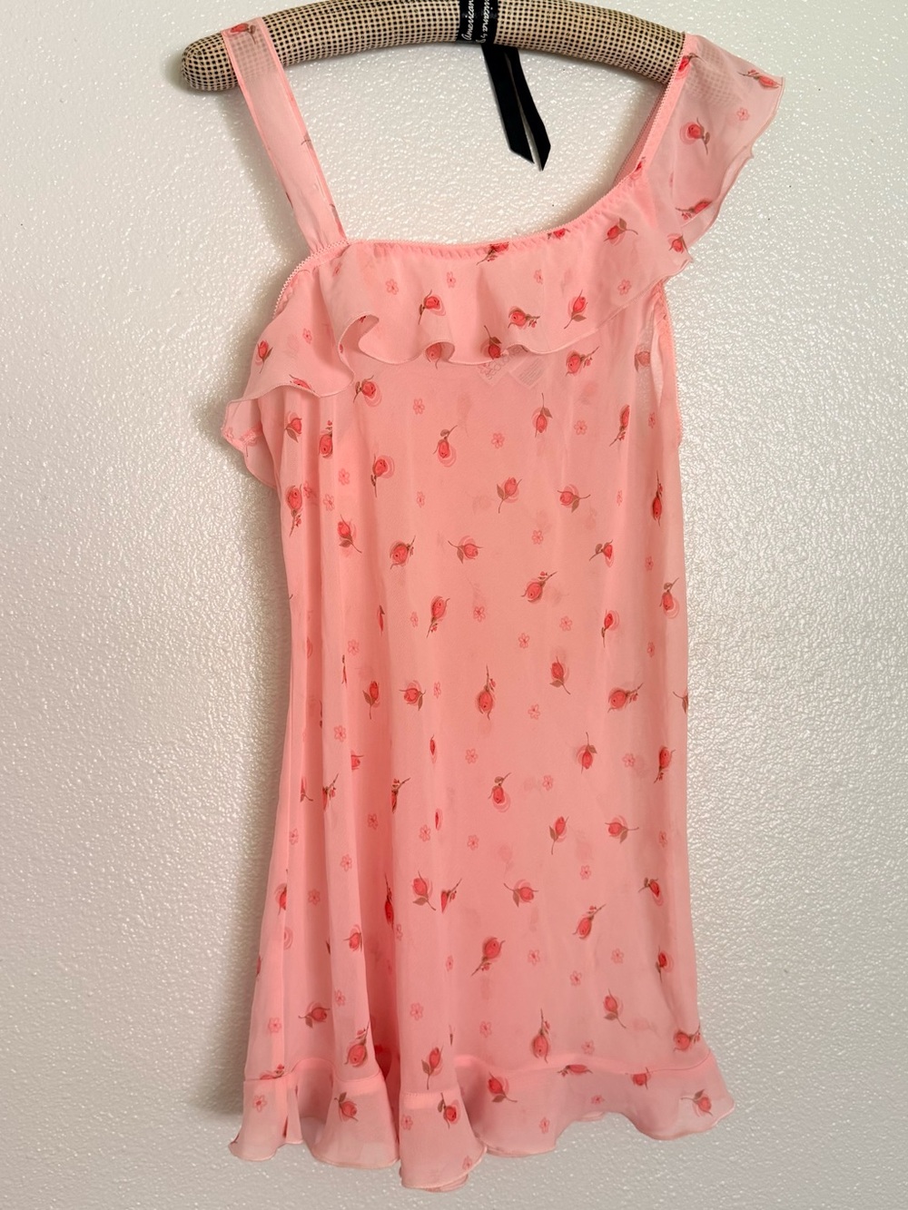 Vintage y2k Pink Coquette Floral Slip Dress size Large - Rose Print with Ruffles
